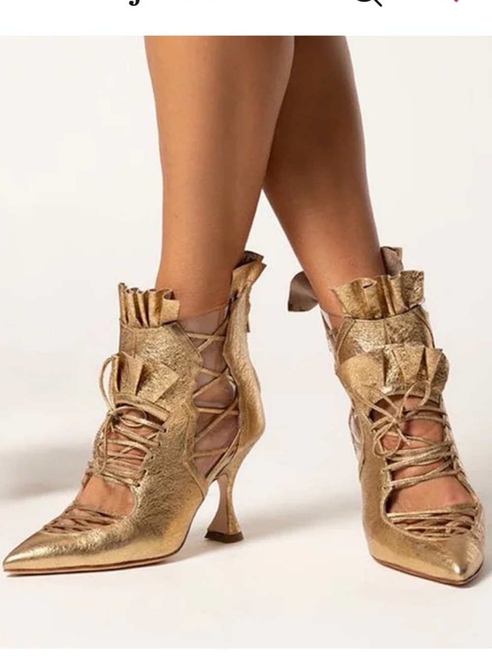 NWT FSJ Gold Ruffled Lace-Up Cutout Pointed-Toe Women’s Ankle Boots-Size 13.5